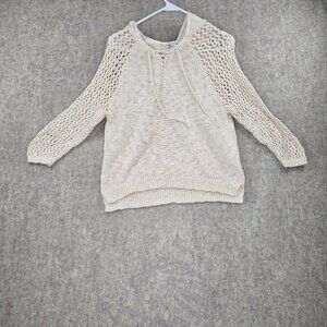 Forever 21 Womens Beige Knit Pullover Hoodie Medium Open-Weave Crochet Sleeves